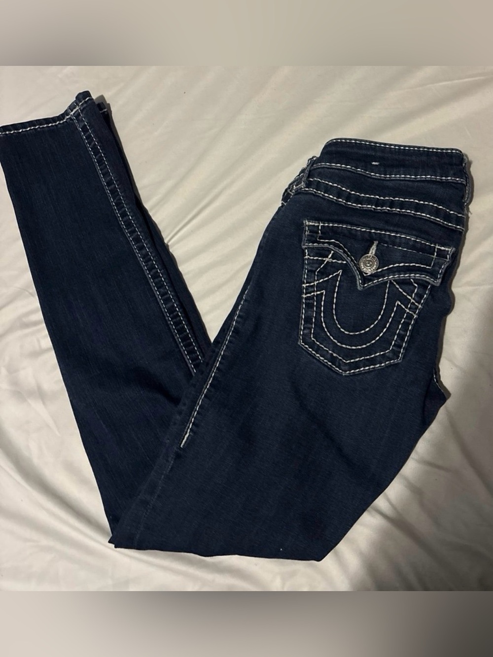 True Religion Dark Indigo Skinny Jeans with White Stitching